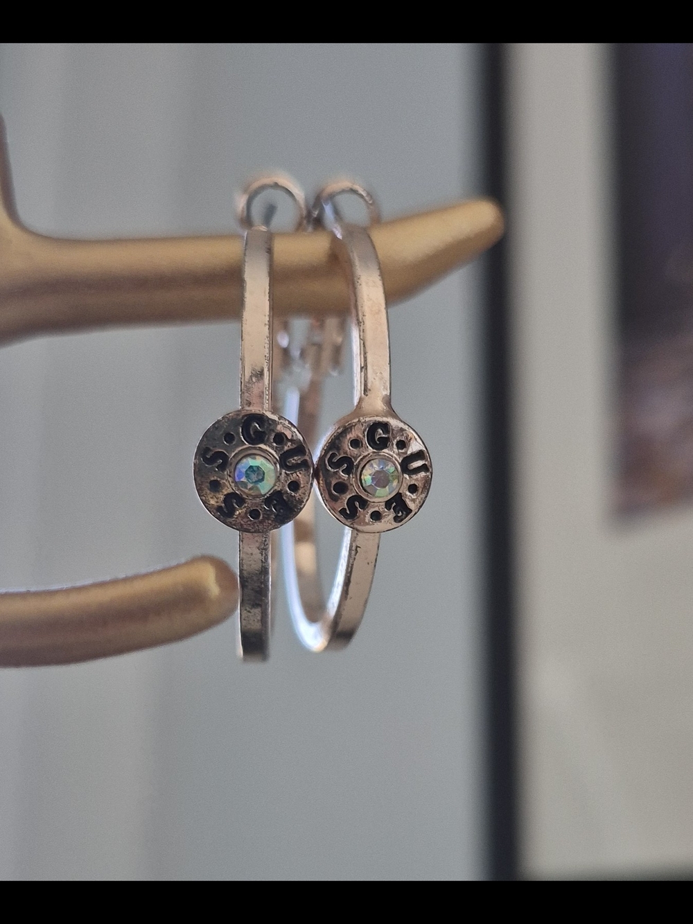 Silver-Tone Hoop Earrings with Iridescent Crystal Accent